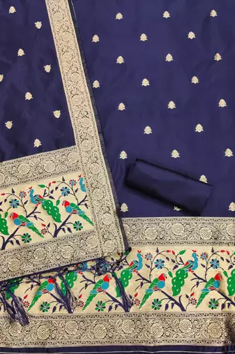 Blue soft banarasi silk zari woven design dress material
