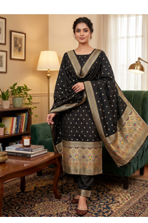 Black soft banarasi silk zari woven design dress material 1