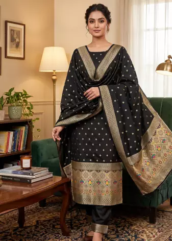 Black soft banarasi silk zari woven design dress material