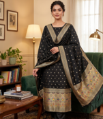 Black soft banarasi silk zari woven design dress material