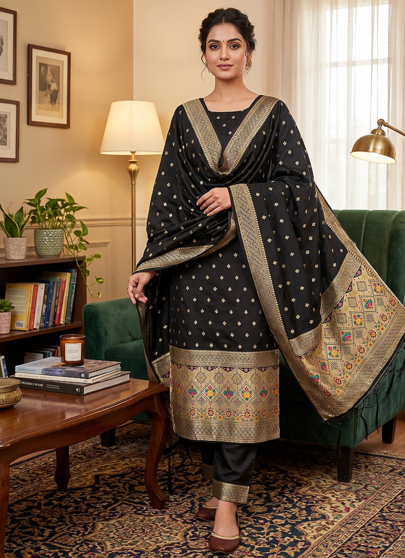 Black soft banarasi silk zari woven design dress material