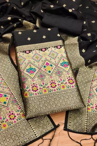 Black soft banarasi silk zari woven design dress material