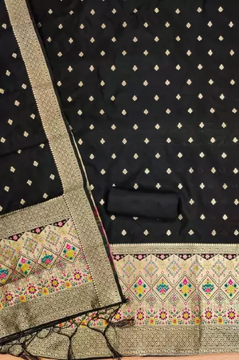 Black soft banarasi silk zari woven design dress material