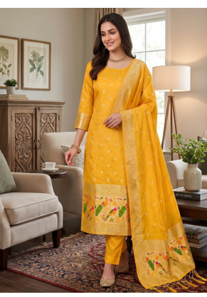 Yellow soft banarasi silk zari woven design dress material 1