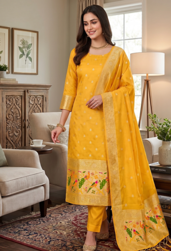 Yellow soft banarasi silk zari woven design dress material