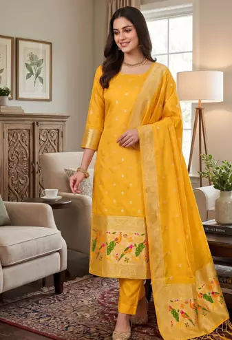 Yellow soft banarasi silk zari woven design dress material