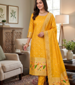 Yellow soft banarasi silk zari woven design dress material