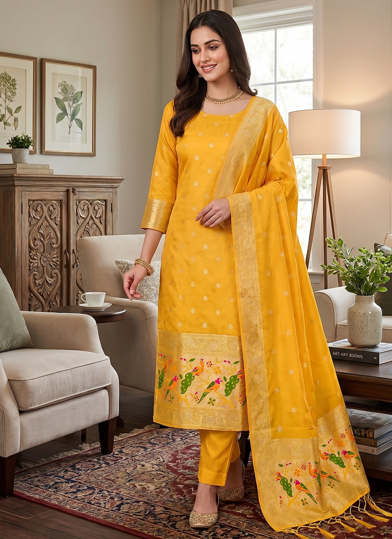 Yellow soft banarasi silk zari woven design dress material