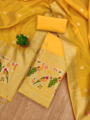 Yellow soft banarasi silk zari woven design dress material 2