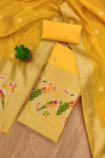 Yellow soft banarasi silk zari woven design dress material