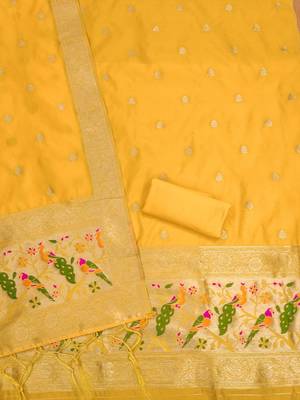 Yellow soft banarasi silk zari woven design dress material 4