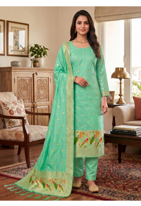 Seagreen soft banarasi silk zari woven design dress material 1