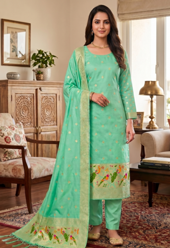 Seagreen soft banarasi silk zari woven design dress material