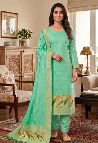 Seagreen soft banarasi silk zari woven design dress material