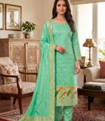 Seagreen soft banarasi silk zari woven design dress material