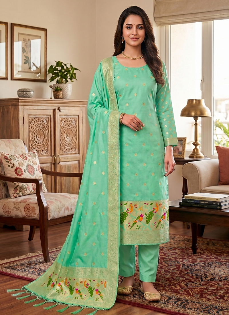 Seagreen soft banarasi silk zari woven design dress material