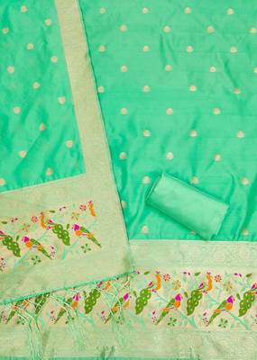 Seagreen soft banarasi silk zari woven design dress material 4