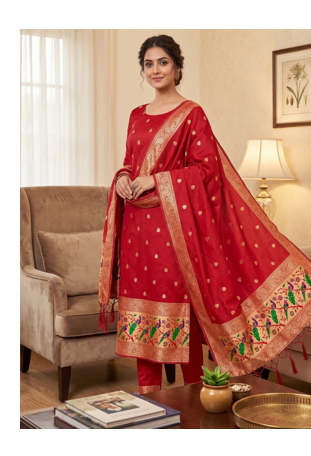 Red soft banarasi silk zari woven design dress material 1