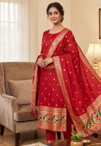 Red soft banarasi silk zari woven design dress material