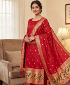 Red soft banarasi silk zari woven design dress material