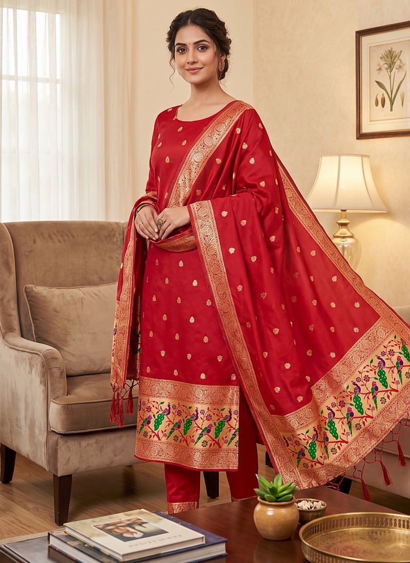Red soft banarasi silk zari woven design dress material
