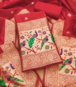 Red soft banarasi silk zari woven design dress material