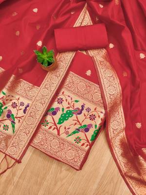 Red soft banarasi silk zari woven design dress material 2