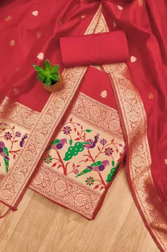 Red soft banarasi silk zari woven design dress material