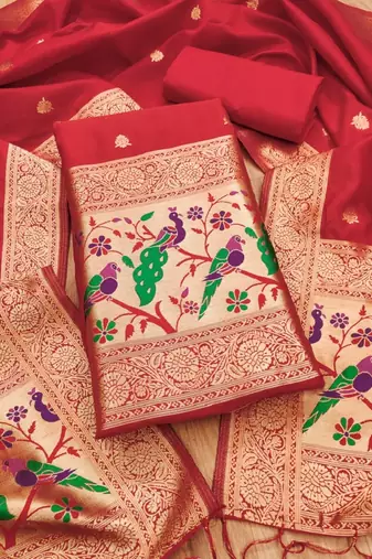 Red soft banarasi silk zari woven design dress material