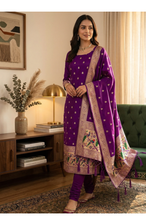 Purple soft banarasi silk zari woven design dress material 1