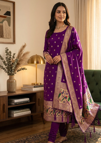 Purple soft banarasi silk zari woven design dress material