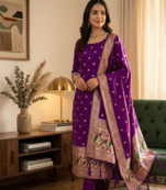 Purple soft banarasi silk zari woven design dress material