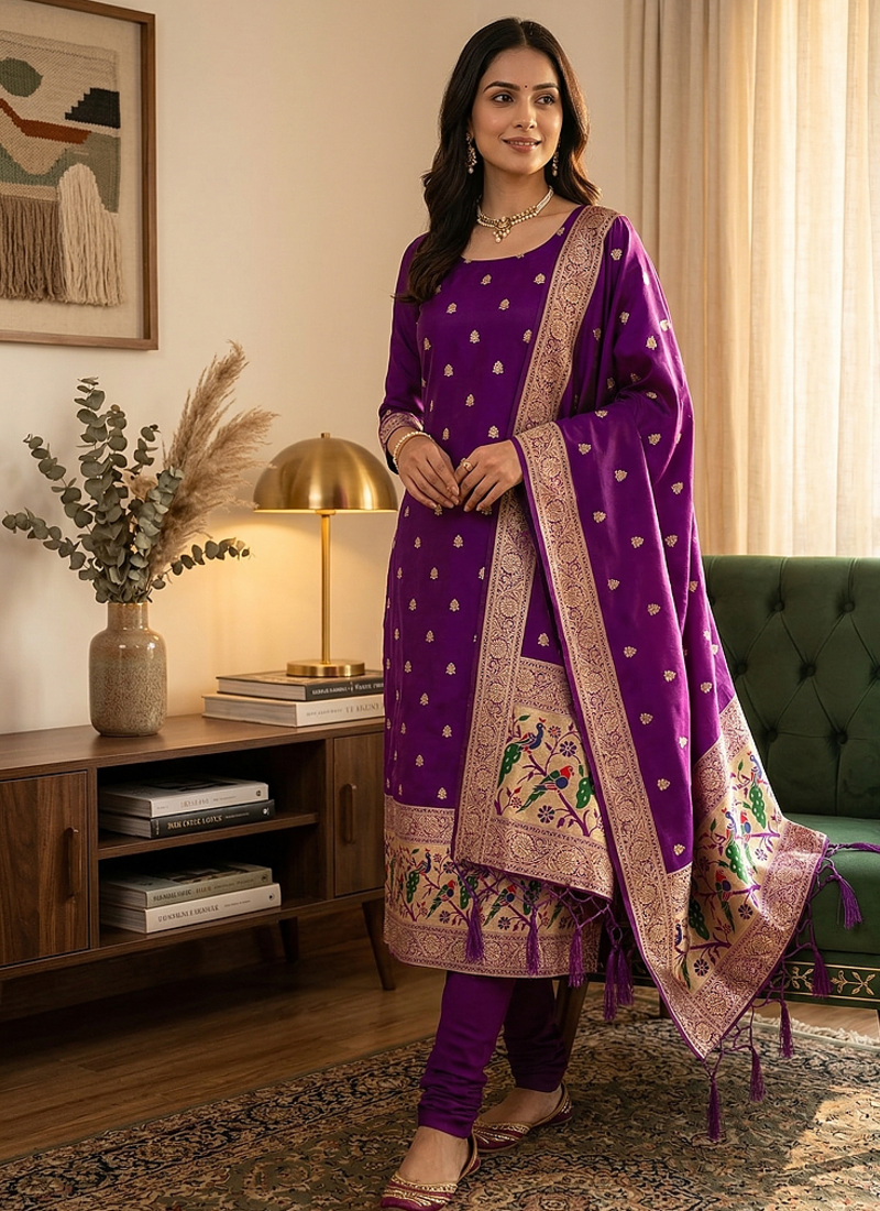 Purple soft banarasi silk zari woven design dress material