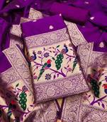 Purple soft banarasi silk zari woven design dress material