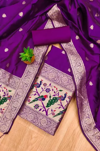 Purple soft banarasi silk zari woven design dress material