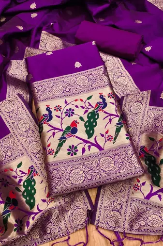 Purple soft banarasi silk zari woven design dress material