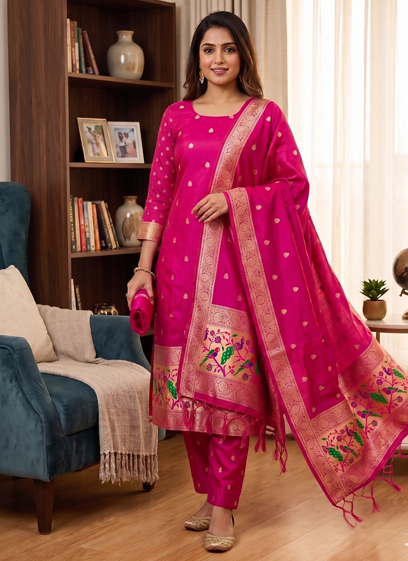 Ranipink soft banarasi silk zari woven design dress material