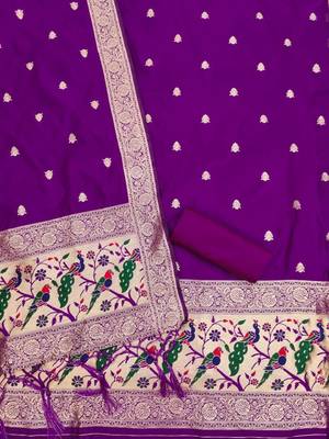 Purple soft banarasi silk zari woven design dress material 4