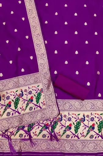 Purple soft banarasi silk zari woven design dress material