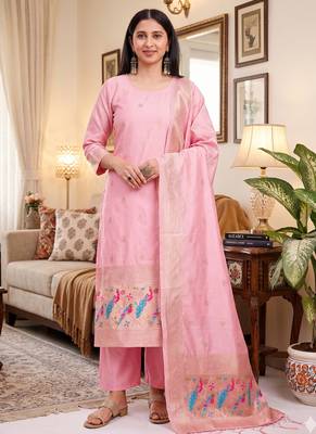 Pink soft banarasi silk zari woven design dress material 1