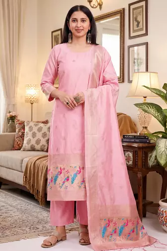 Pink soft banarasi silk zari woven design dress material