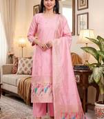 Pink soft banarasi silk zari woven design dress material