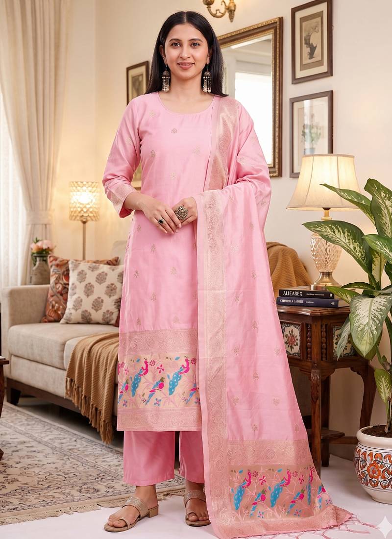 Pink soft banarasi silk zari woven design dress material