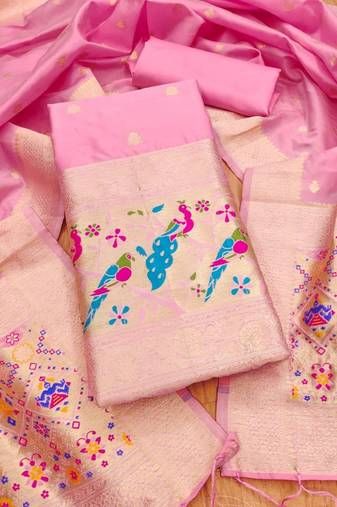 Pink soft banarasi silk zari woven design dress material