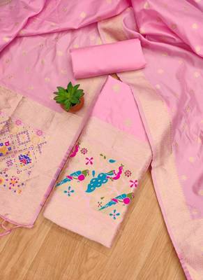 Pink soft banarasi silk zari woven design dress material 2