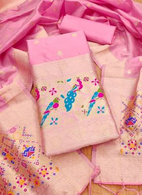 Pink soft banarasi silk zari woven design dress material 3