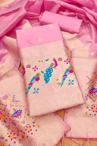 Pink soft banarasi silk zari woven design dress material