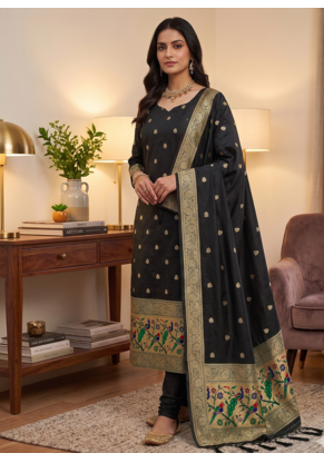 Black soft banarasi silk zari woven design dress material 1