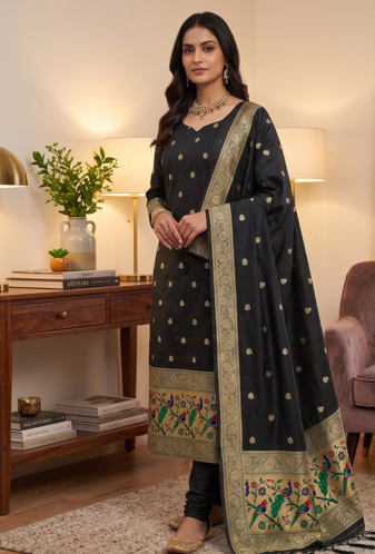 Black soft banarasi silk zari woven design dress material