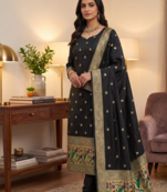 Black soft banarasi silk zari woven design dress material